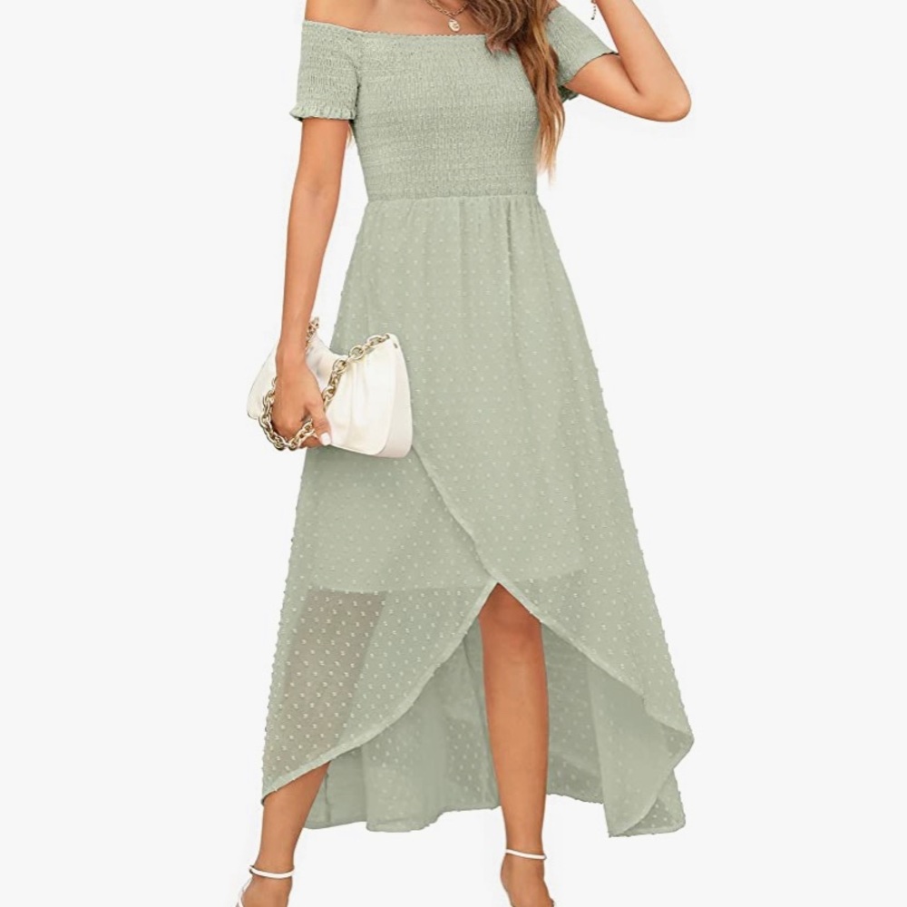 Kranda Light Sage Elastic Waist Midi Dress - Off-Shoulder Ruffle Short Sleeves